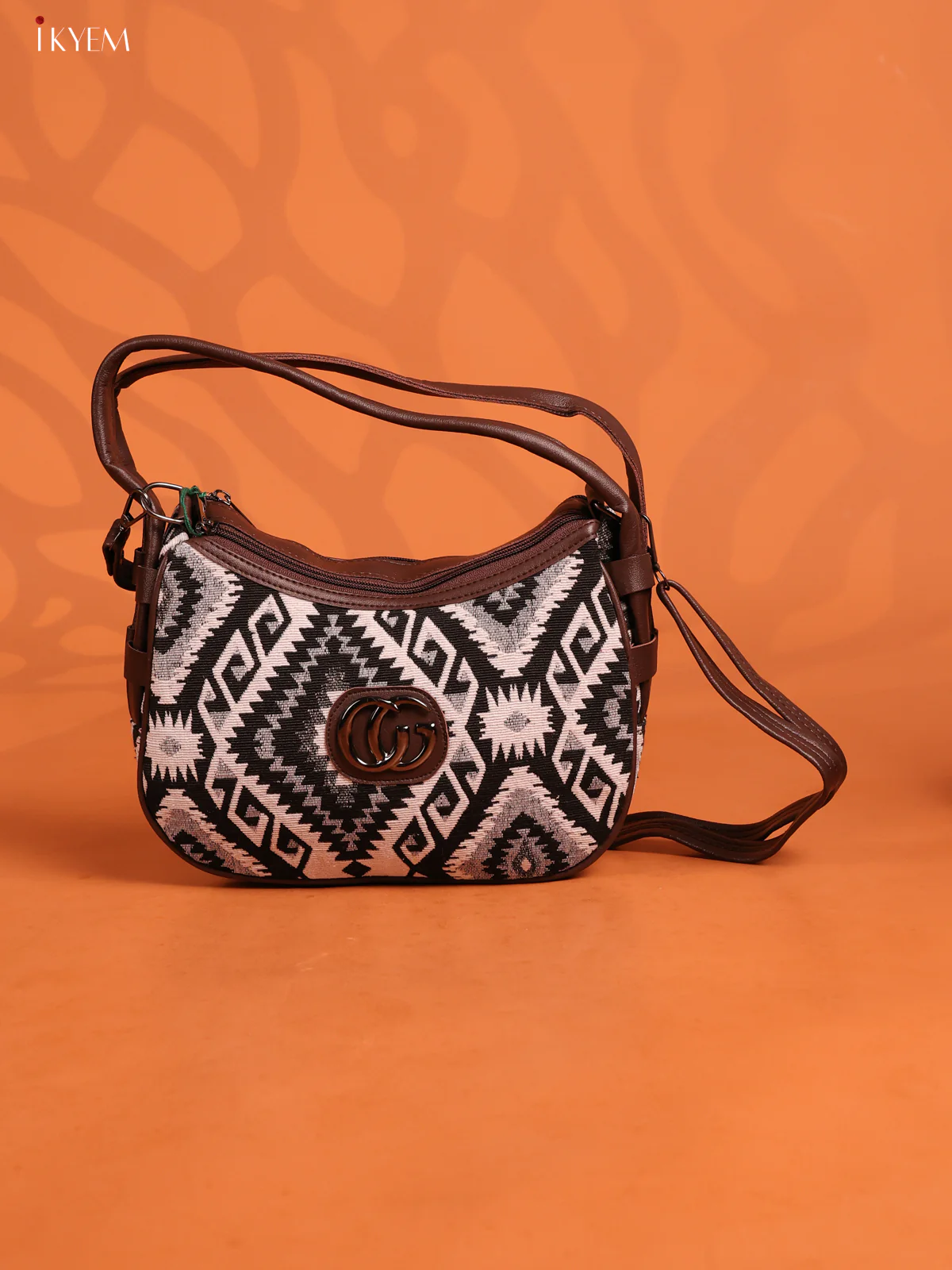 jacquard Ikat Leather Sling Bag with 3 Compartments - Black & White - KD26728