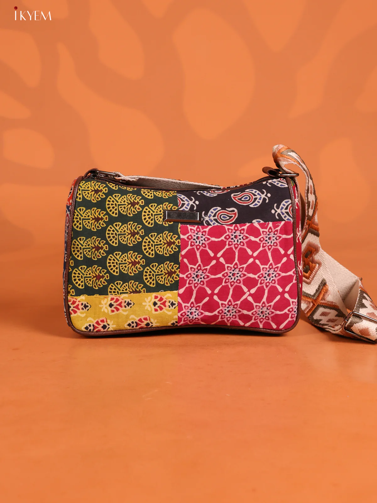 Patchwork Cotton Printed Sling Bag with 3 Compartments - Multicolour - KD26734