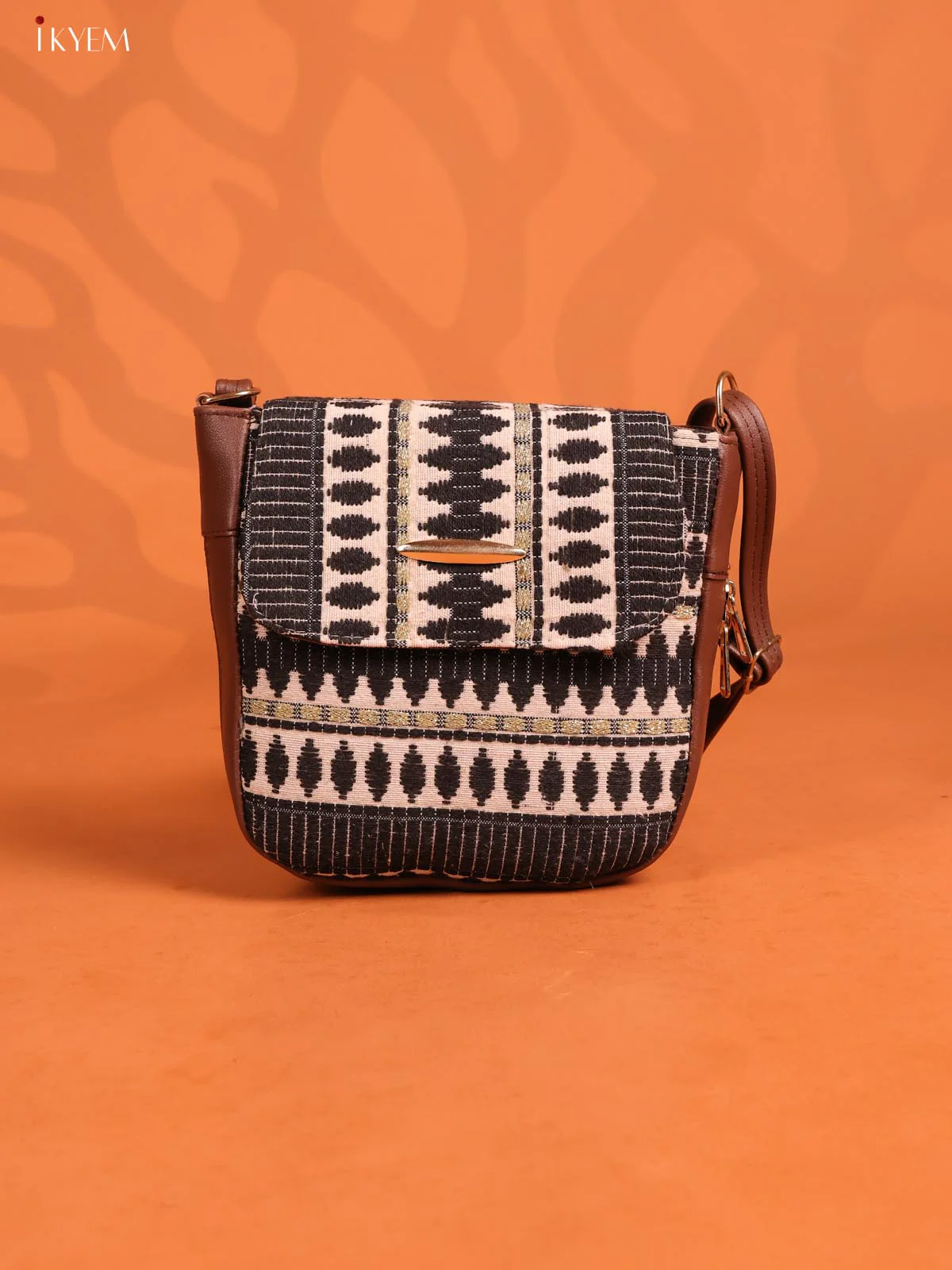 Jacquard Flap Leather Sling Bag with 3 Compartments - Black with white - KD26744