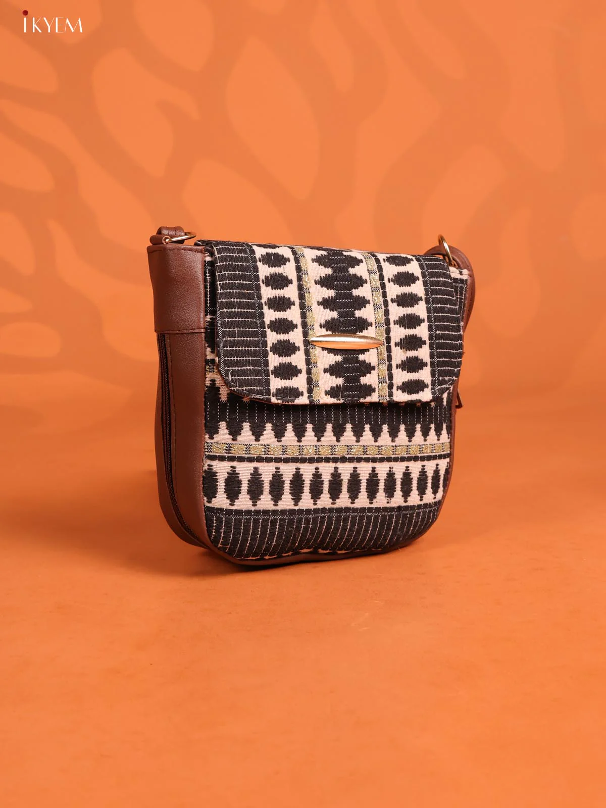 Jacquard Flap Leather Sling Bag with 3 Compartments - Black with white - KD26744 - Image 2