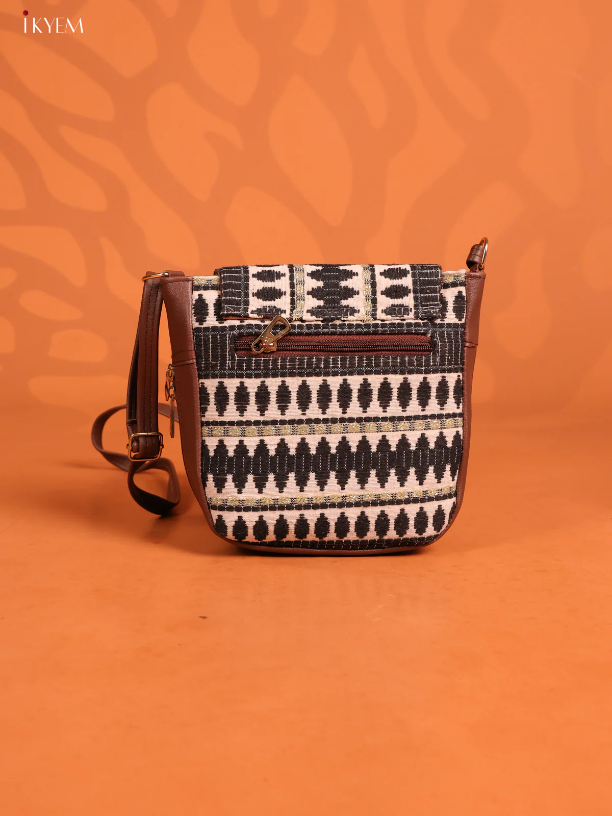 Jacquard Flap Leather Sling Bag with 3 Compartments - Black with white - KD26744 - Image 3