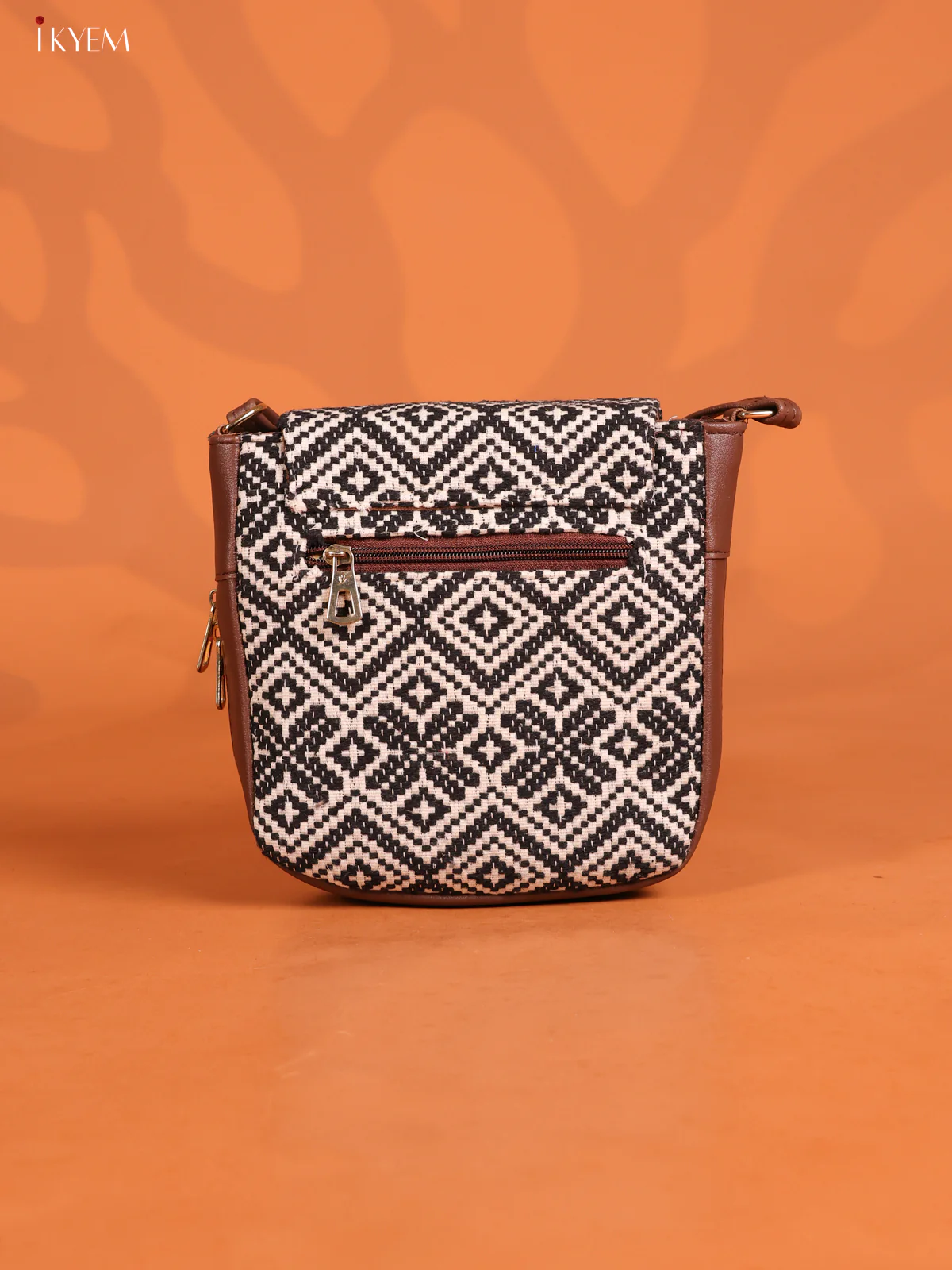 Jacquard Flap Leather Sling Bag with 3 Compartments - Black with white - KD26746 - Image 2