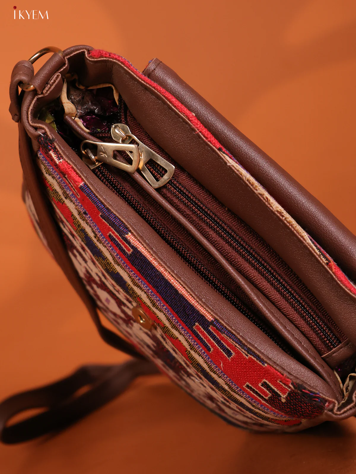 Jacquard Flap Leather Sling Bag with 3 Compartments - Multicolour - KD26747 - Image 3