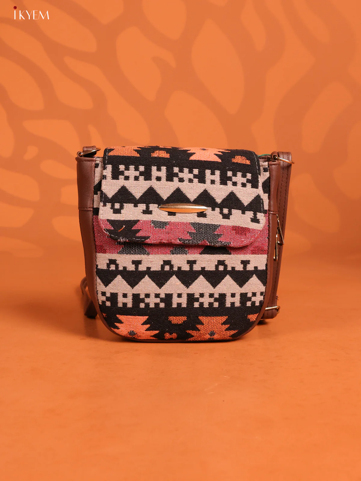 Jacquard Flap Leather Sling Bag with 3 Compartments - Multicolour - KD26748