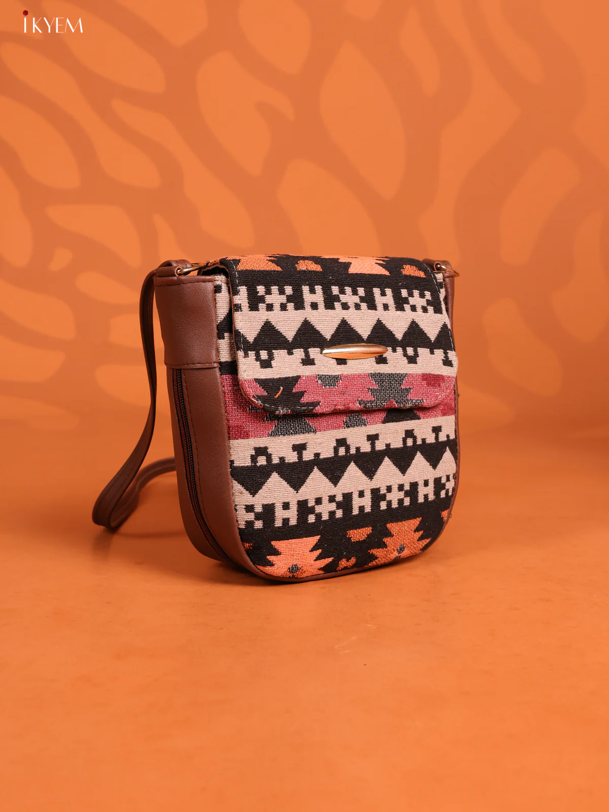 Jacquard Flap Leather Sling Bag with 3 Compartments - Multicolour - KD26748 - Image 2