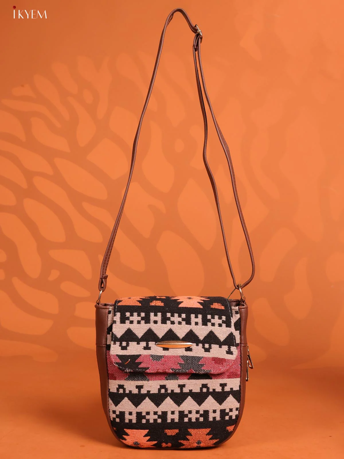 Jacquard Flap Leather Sling Bag with 3 Compartments - Multicolour - KD26748 - Image 4