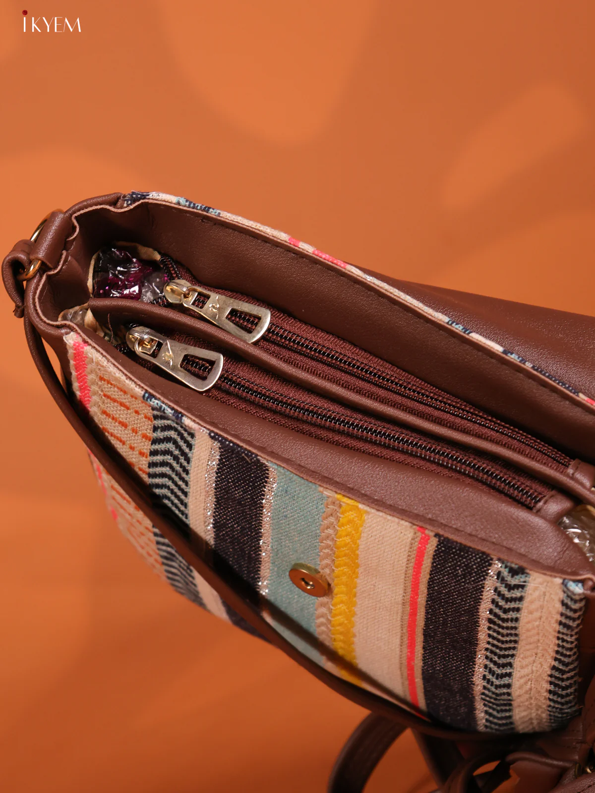 Jacquard Flap Leather Sling Bag with 3 Compartments - Multicolour - KD26749 - Image 3