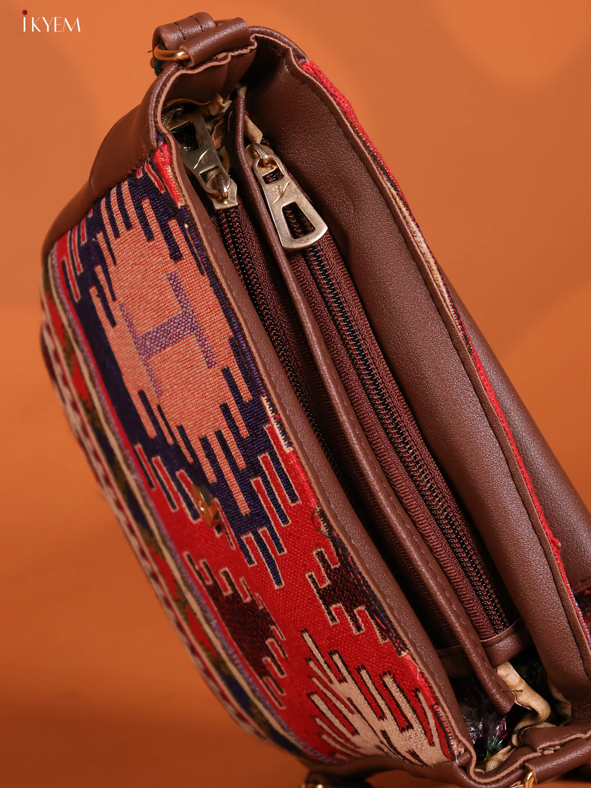 Jacquard Flap Leather Sling Bag with 3 Compartments - Multicolour - KD26750 - Image 3