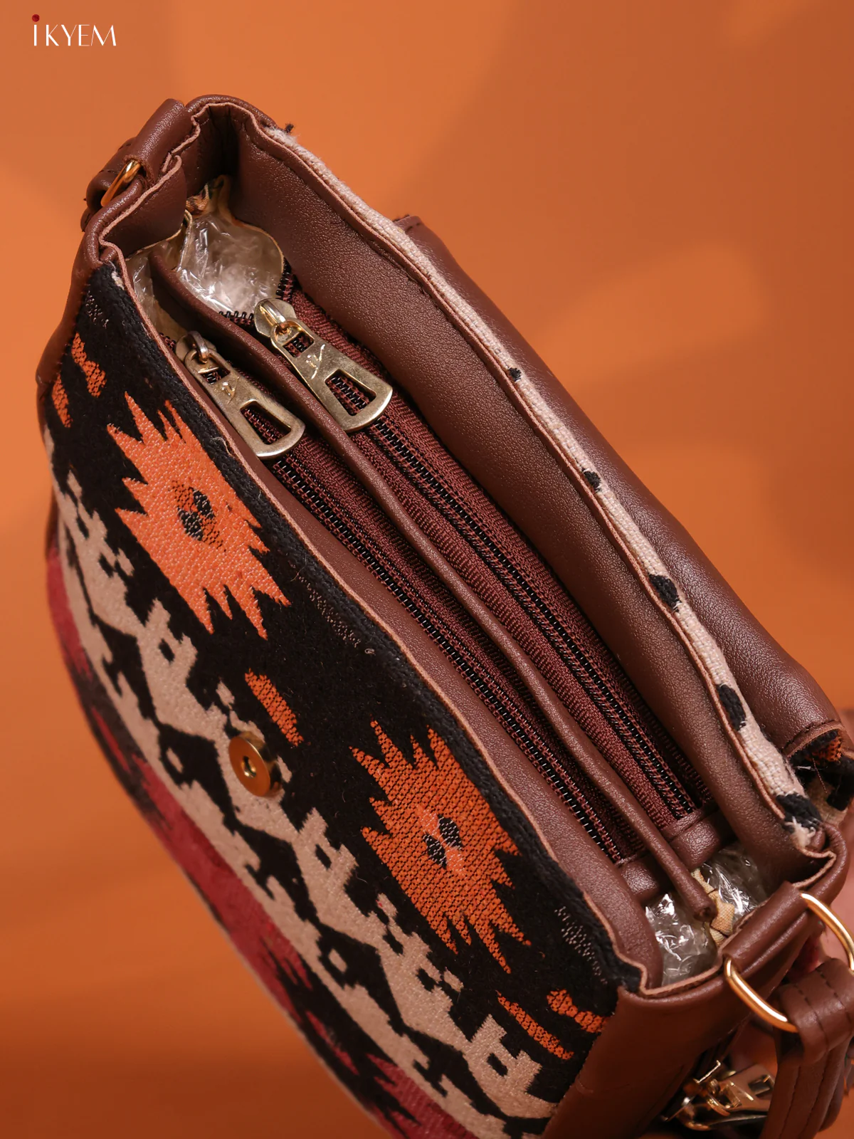Jacquard Flap Leather Sling Bag with 3 Compartments - Multicolour - Grey with black - KD26751 - Image 3