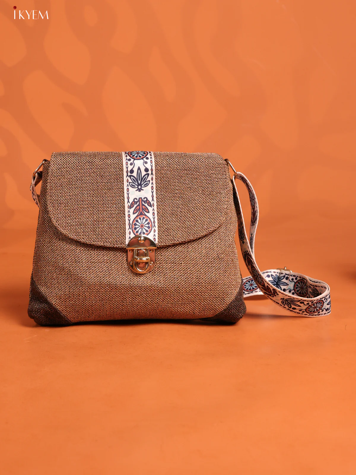 Jacquard woven Flap Printed Sling Bag with 3 Compartments - Sandal - KD26752