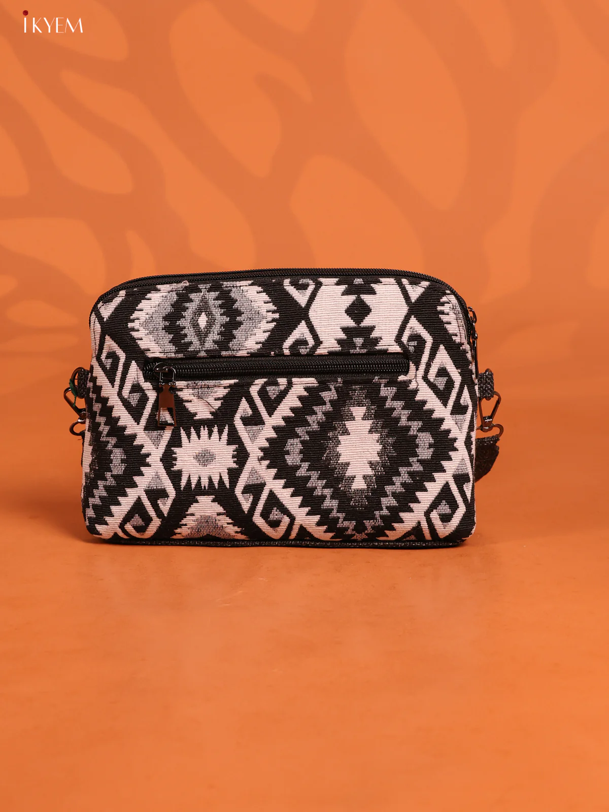 Jacquard Ikat Printed sling bag with 4 Compartments - Black and white - KD26754 - Image 2