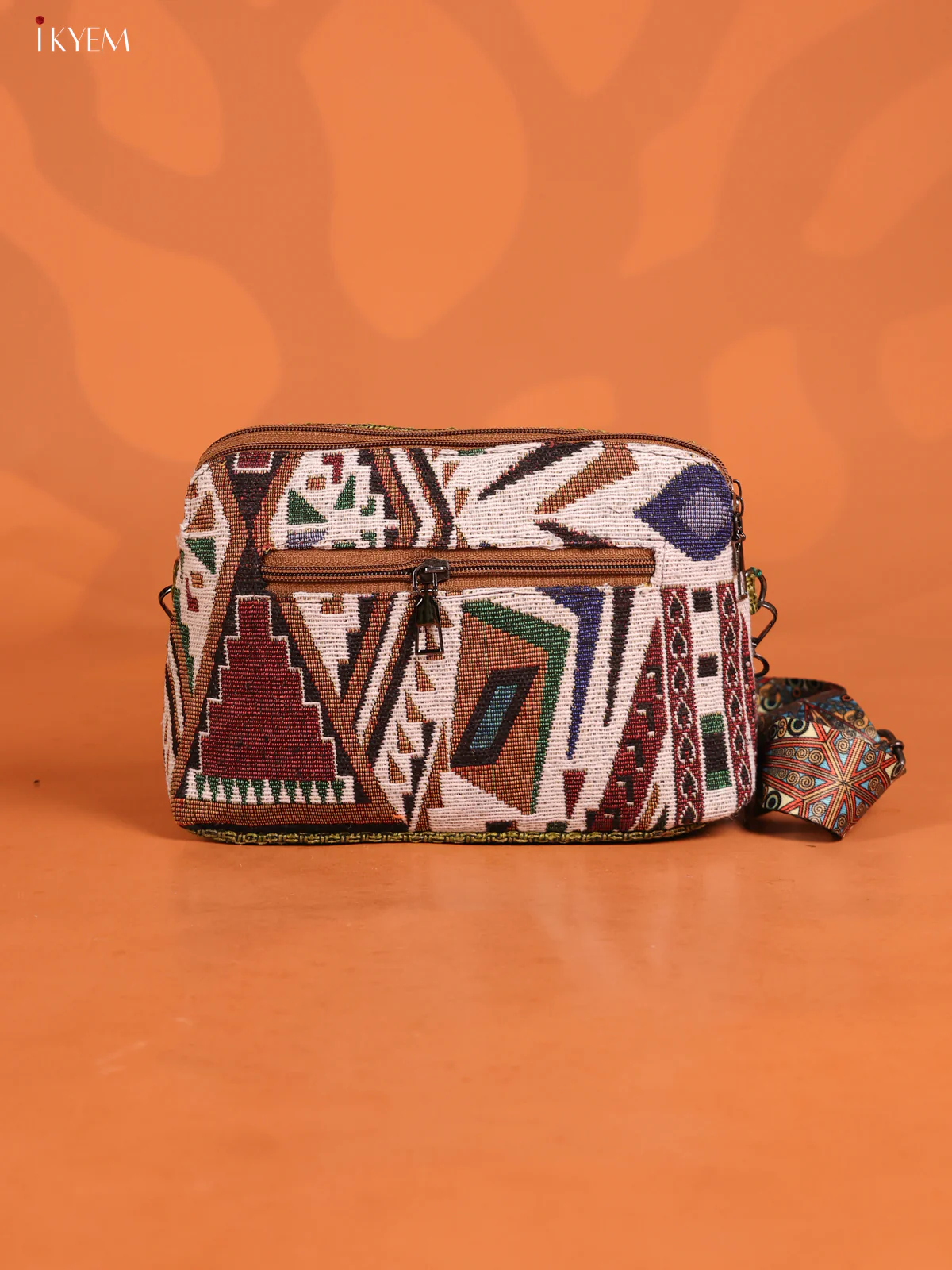 Jacquard Geometric Printed sling bag with 4 Compartments - Green - KD26755