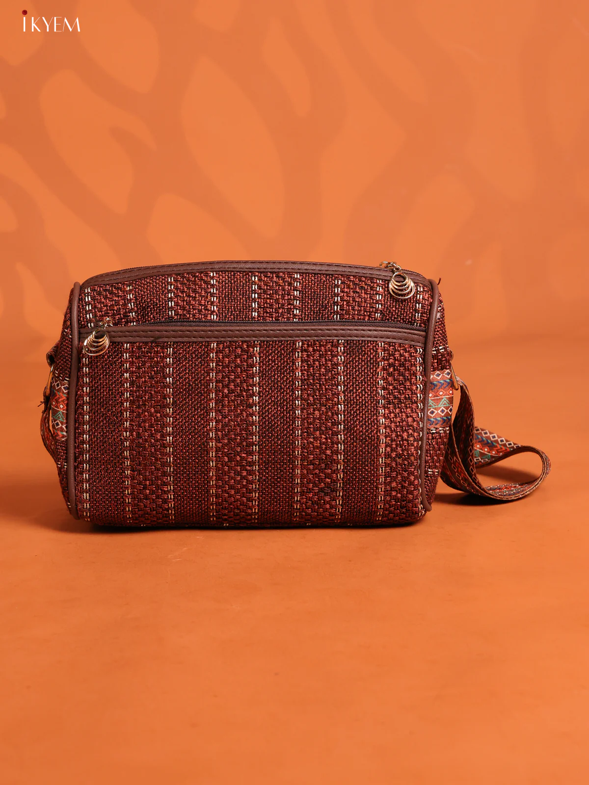 Jacquard Printed Sling Bag with 4 Compartments - Brown - KD26756 - Image 2