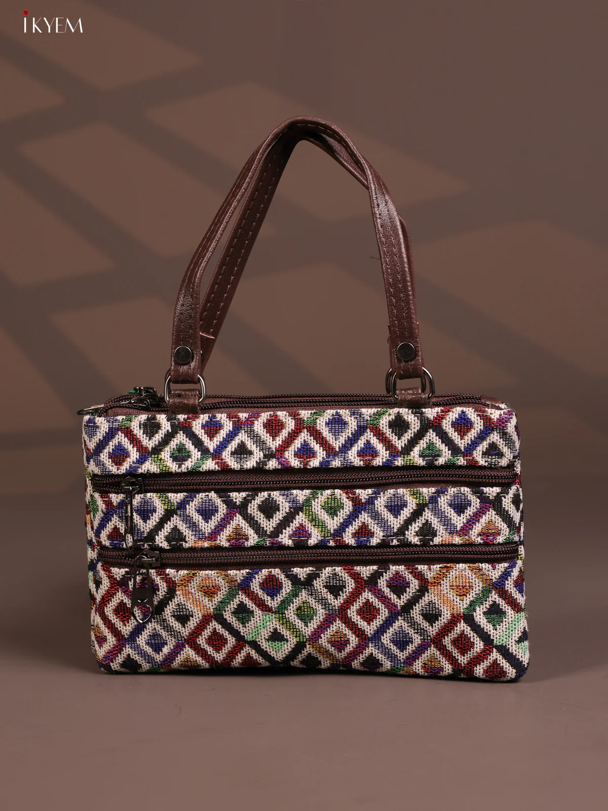 Jacquard Ikat Handy Handbag with 6 Compartments - Multi Colour - KD26764