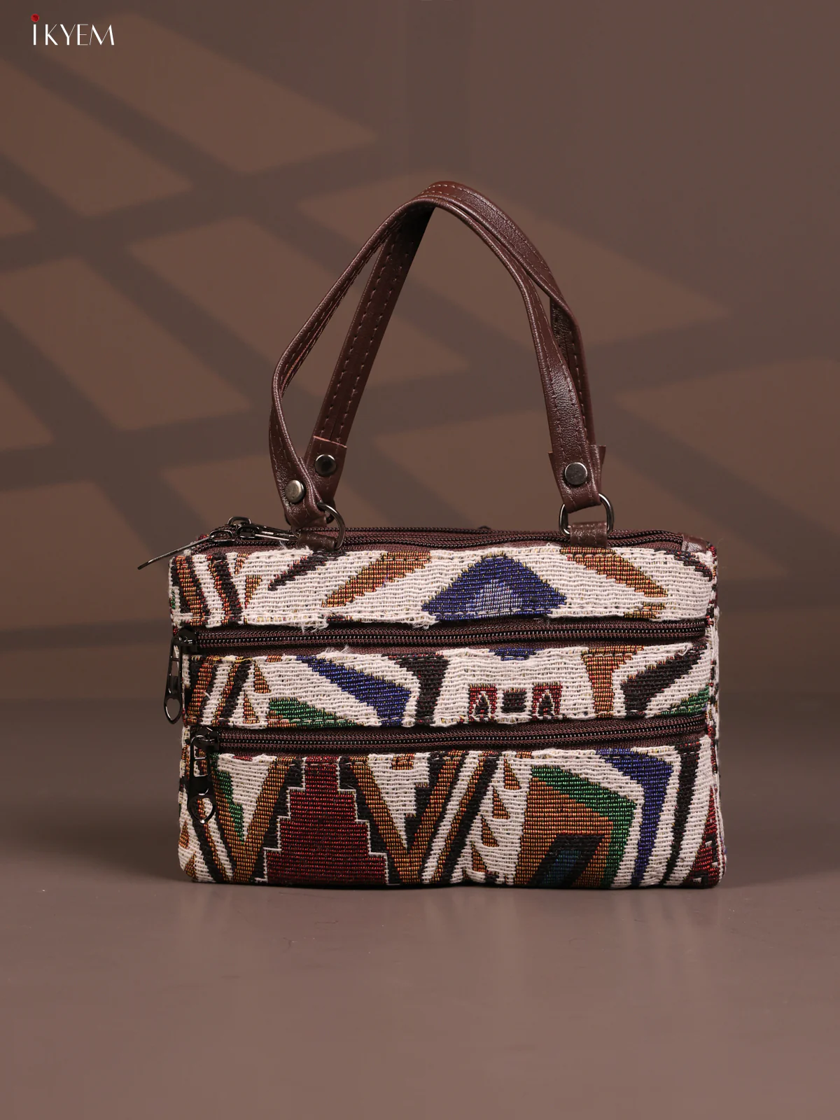 Jacquard Geometric Handy Handbag with 6 Compartments - Multi Colour - KD26765