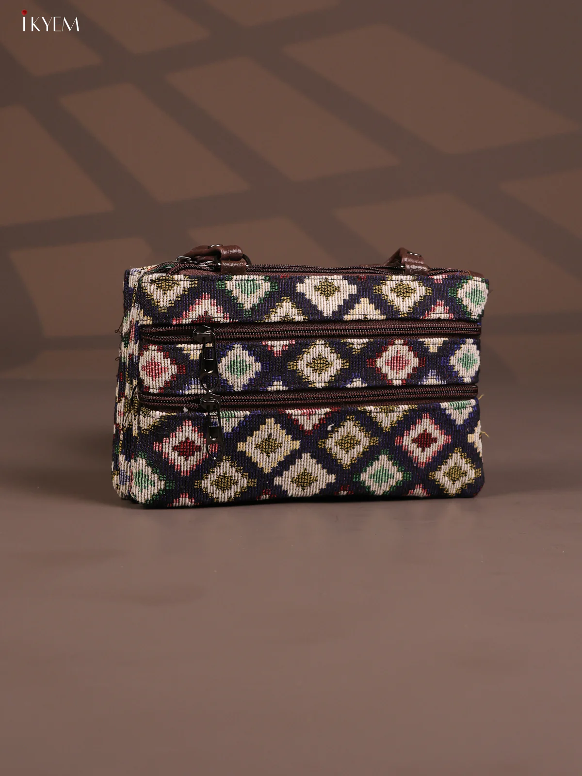 Jacquard Ikat Handy Handbag with 6 Compartments - Navy Blue - KD26766 - Image 2