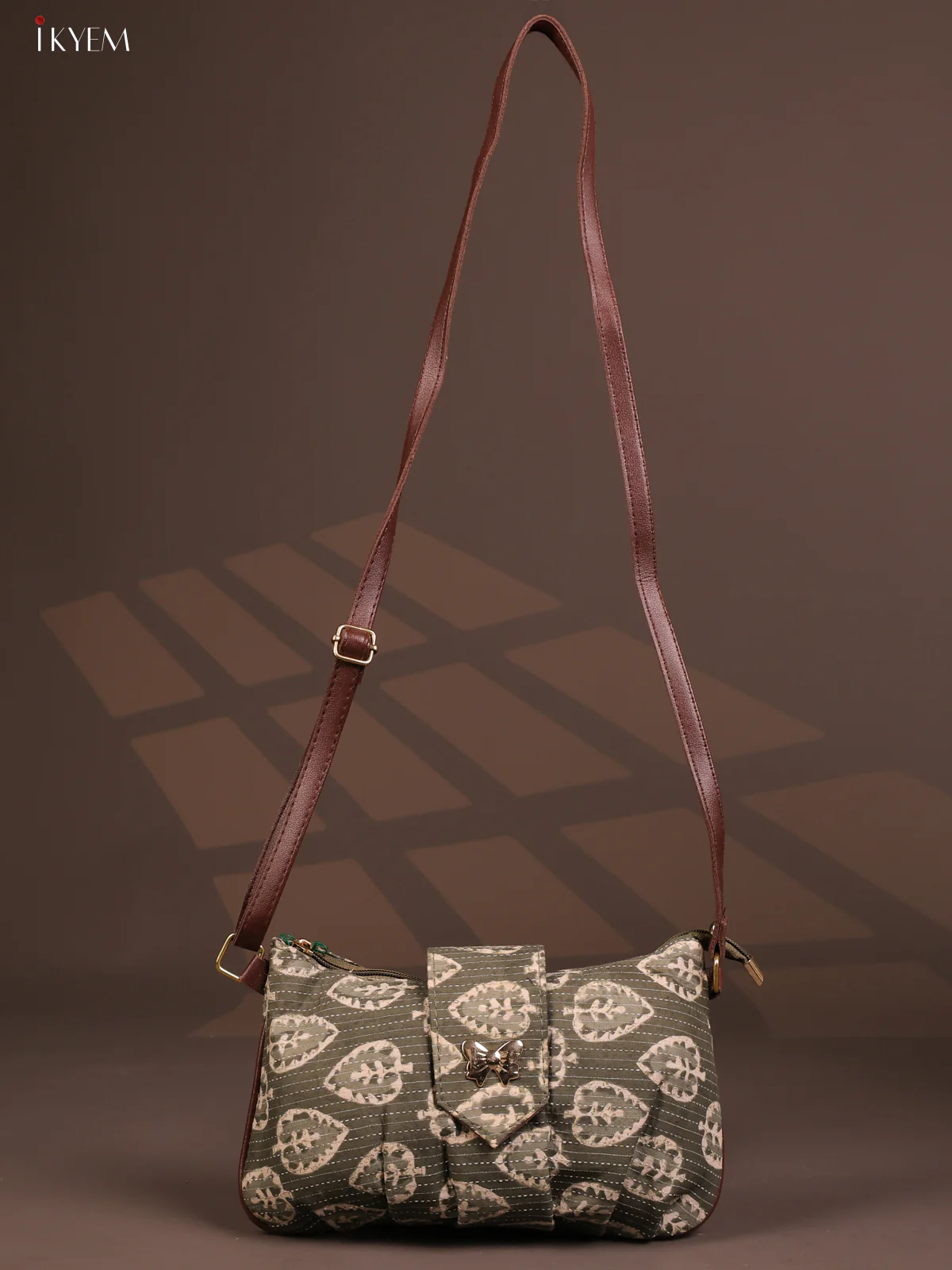 Floral Cotton Leather Sling Bag with 2 Compartments - Green - KD26767 - Image 4