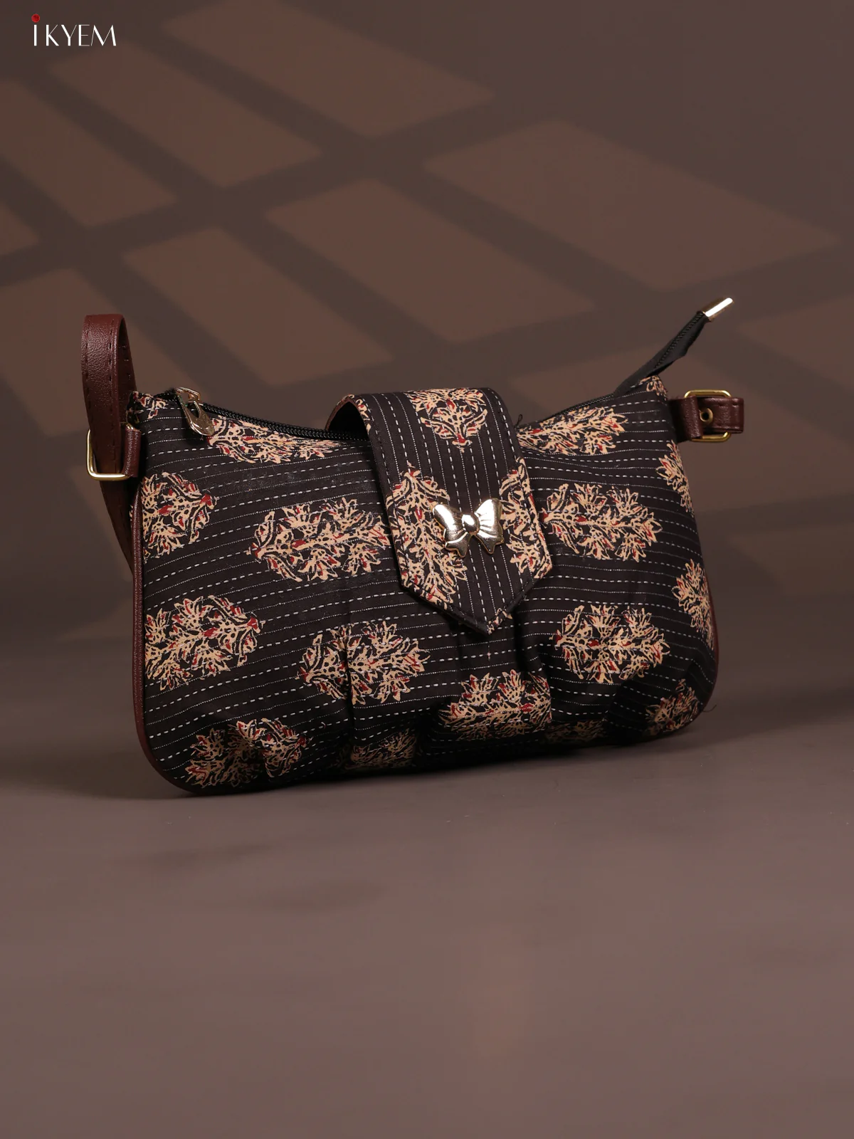 Floral Cotton Leather Sling Bag with 2 Compartments - Black - KD26768 - Image 2