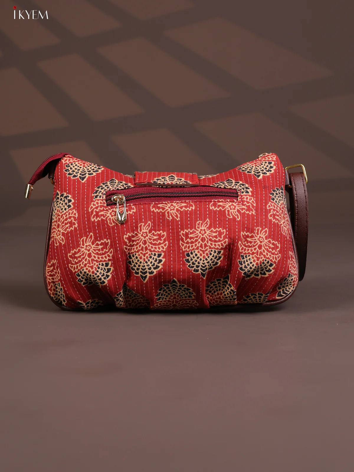 Floral Cotton Leather Sling Bag with 2 Compartments - Red - KD26769 - Image 3