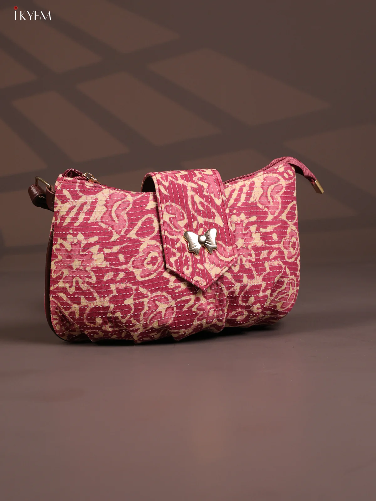 Floral Cotton Leather Sling Bag with 2 Compartments - Pink - KD26771 - Image 2
