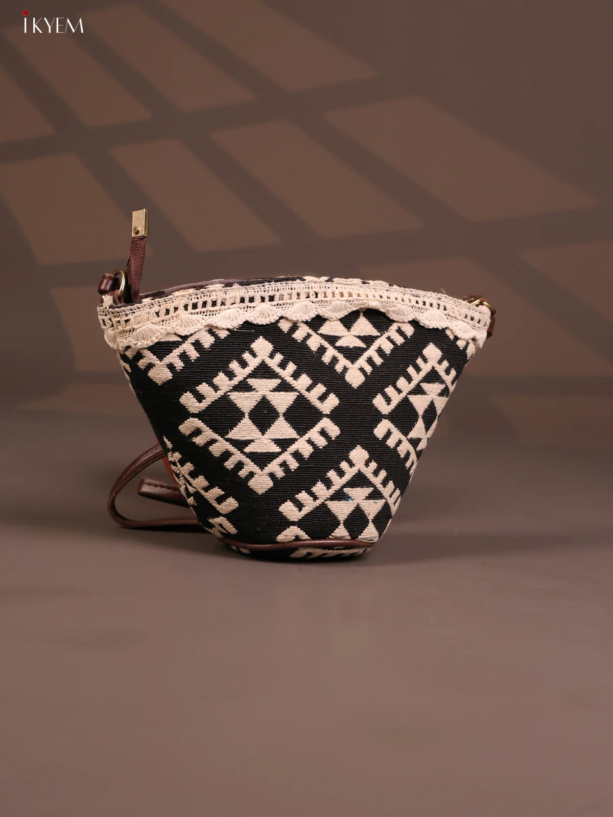 Jacquard Geometric Leather Sling Bag with 1 Compartments - Beige with Black - KD26781 - Image 2
