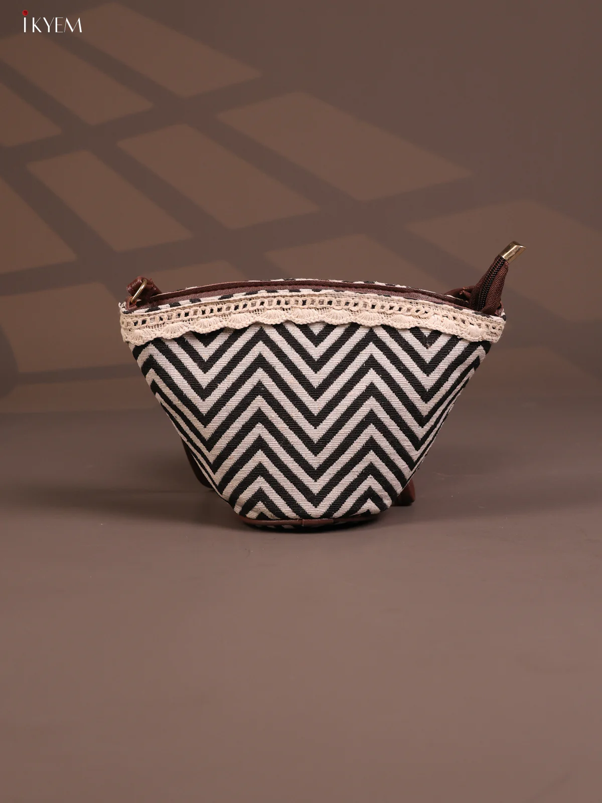 Jacquard Zigzag Leather Sling Bag with 1 Compartments - Beige with Black - KD26782