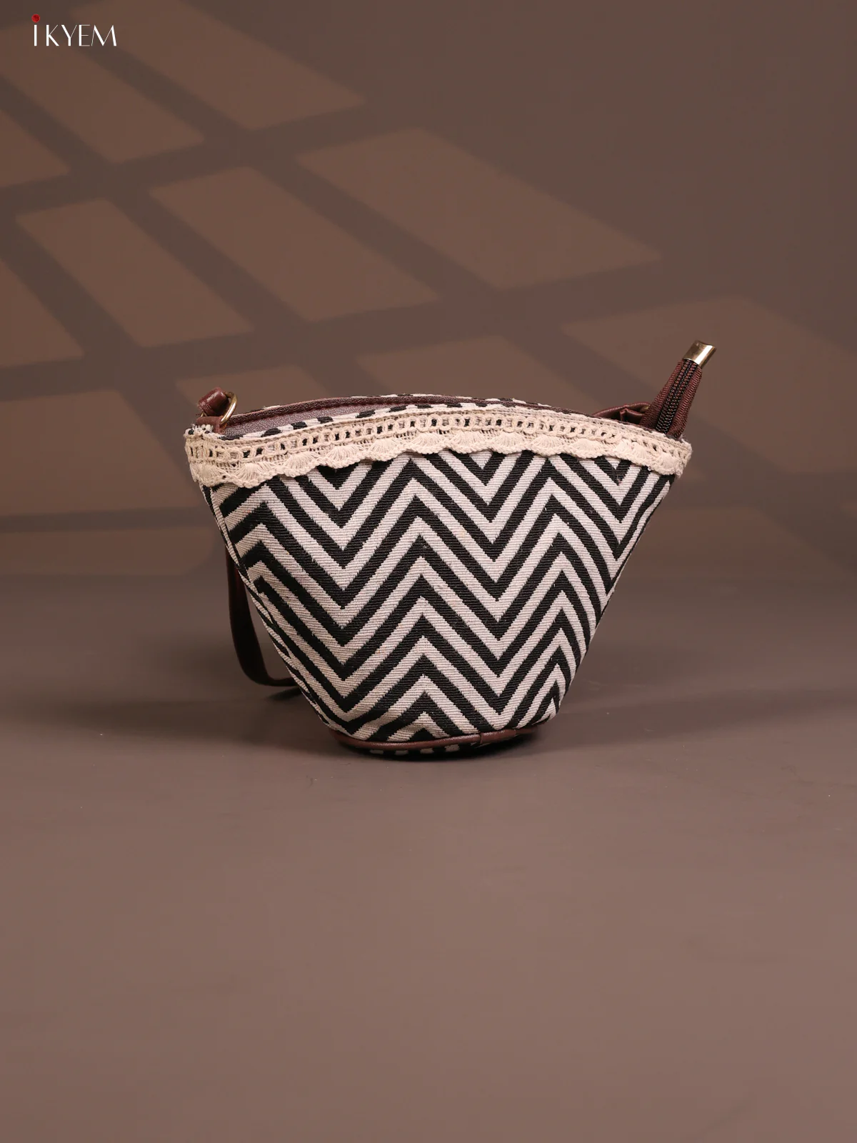 Jacquard Zigzag Leather Sling Bag with 1 Compartments - Beige with Black - KD26782 - Image 2
