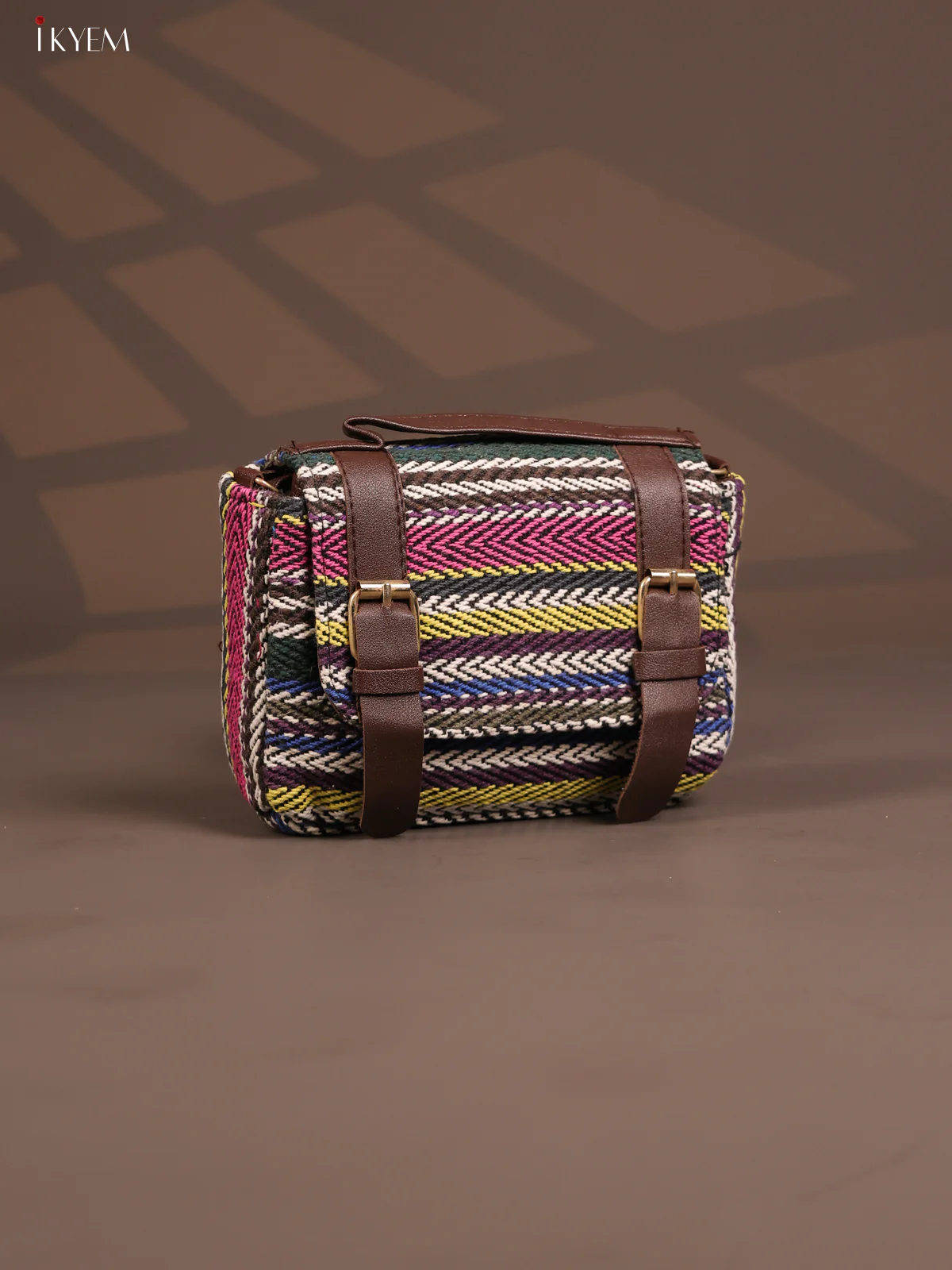 Jacquard Flap Embroidery Leather Sling Bag with 3 Compartments - Multi Colour - KD26786 - Image 2