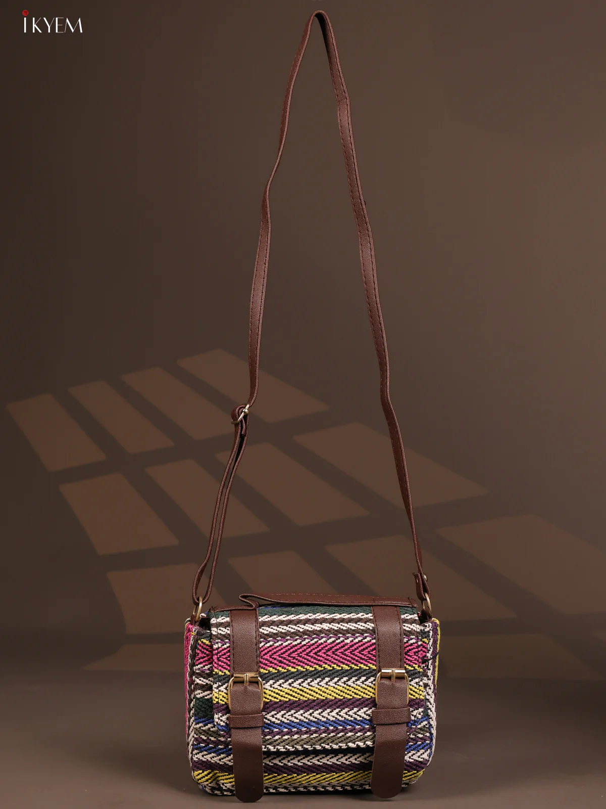 Jacquard Flap Embroidery Leather Sling Bag with 3 Compartments - Multi Colour - KD26786 - Image 4