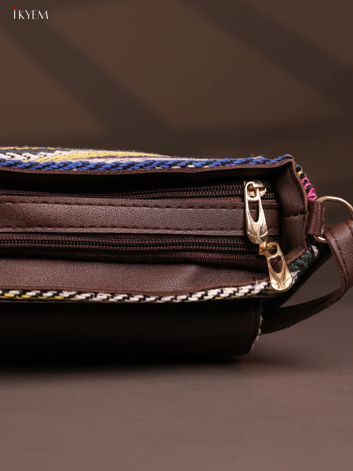 Jacquard Flap Embroidery Leather Sling Bag with 3 Compartments - Multi Colour - KD26787 - Image 5