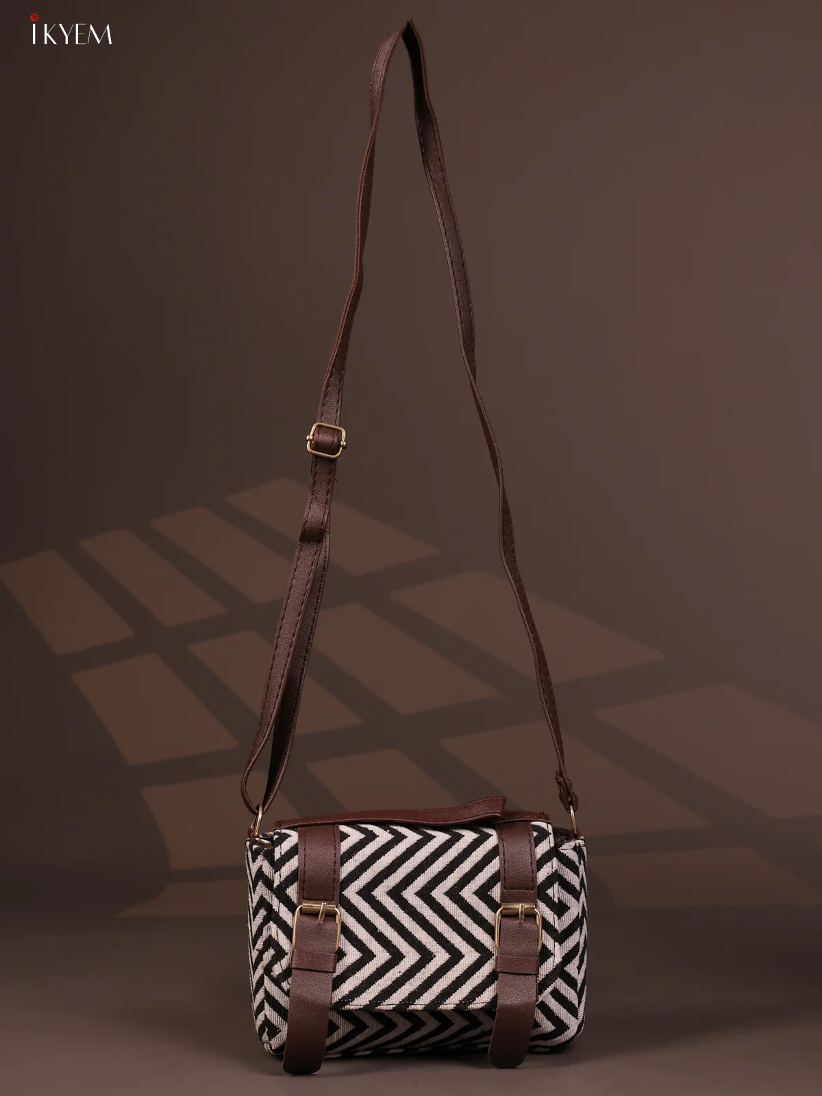 Jacquard Flap Embroidery Leather Sling Bag with 3 Compartments - White with Black - KD26788 - Image 4