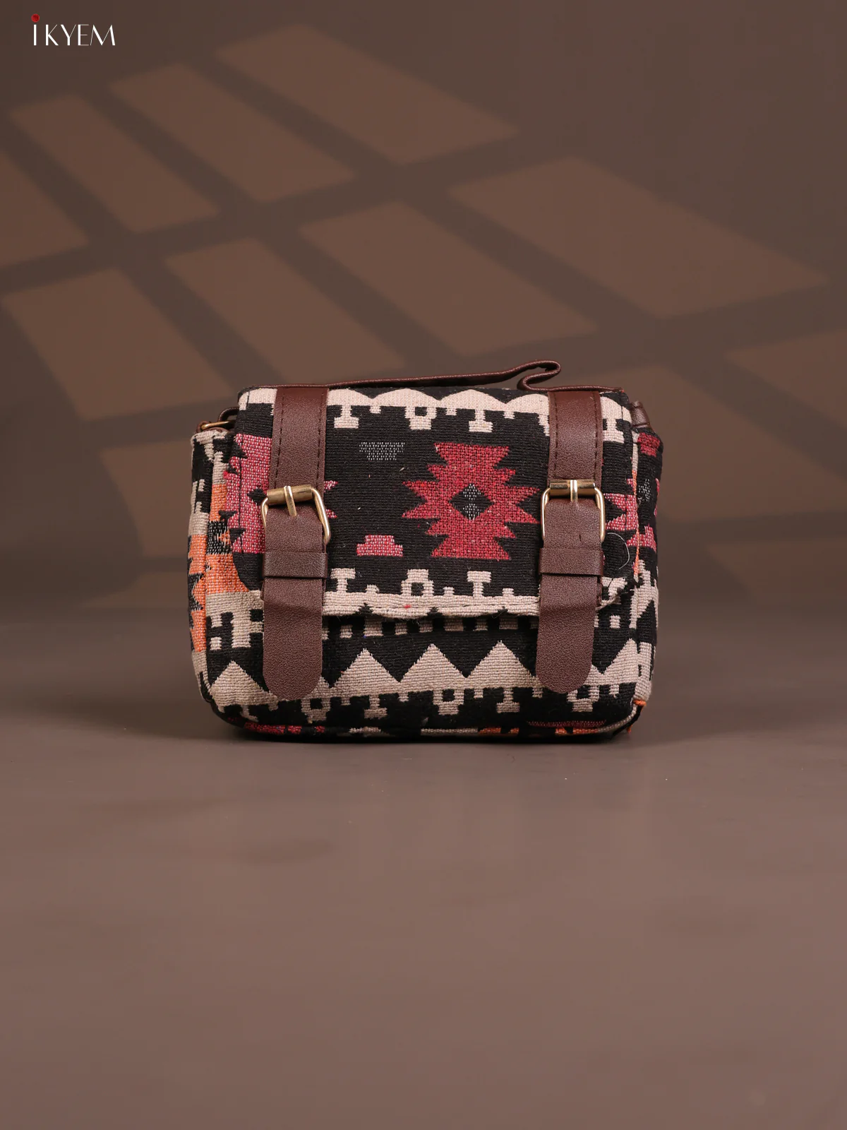 Jacquard Flap Leather Sling Bag with 3 Compartments - Multi Colour - KD26789