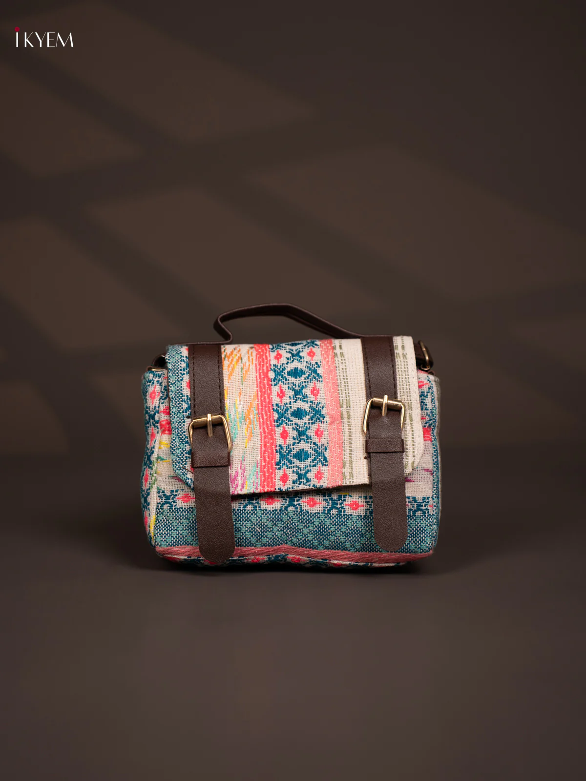 Jacquard Flap Embroidery Leather Sling Bag with 3 Compartments - Multi Colour - KD26790