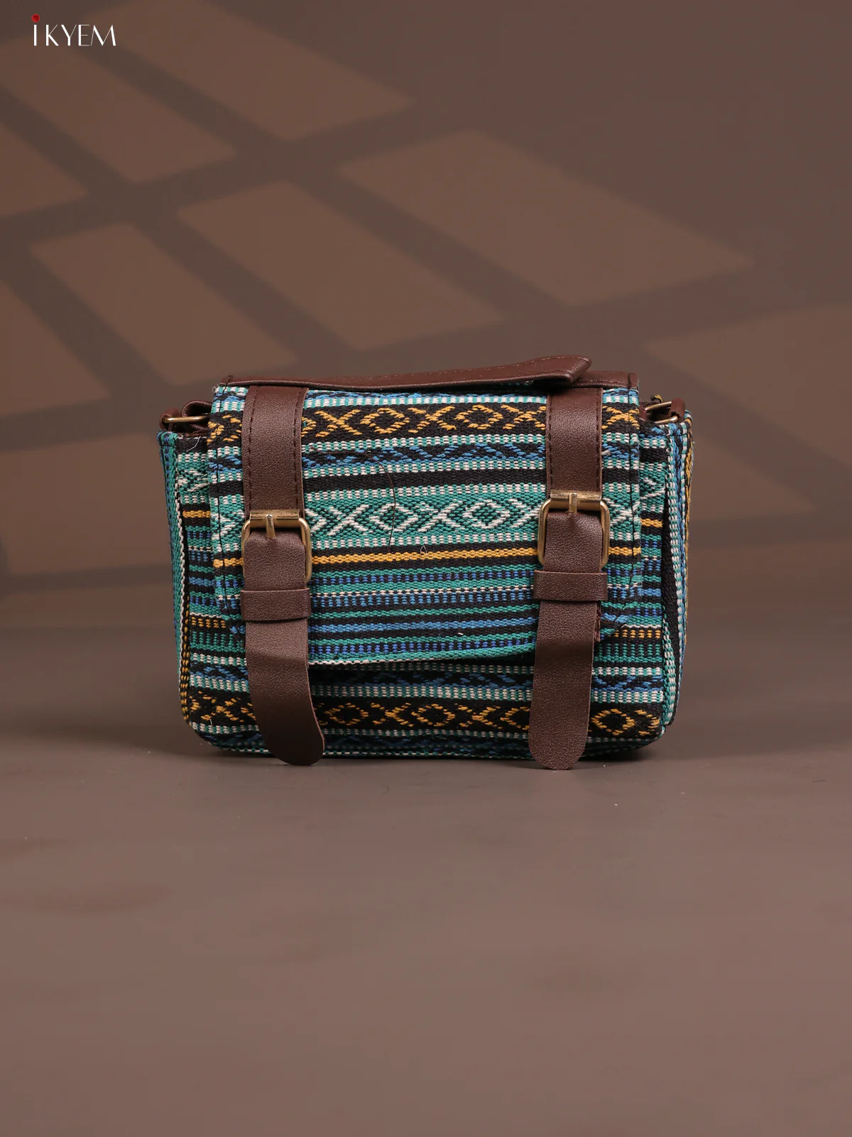 Jacquard Flap Embroidery Leather Sling Bag with 3 Compartments - Blue - KD26791