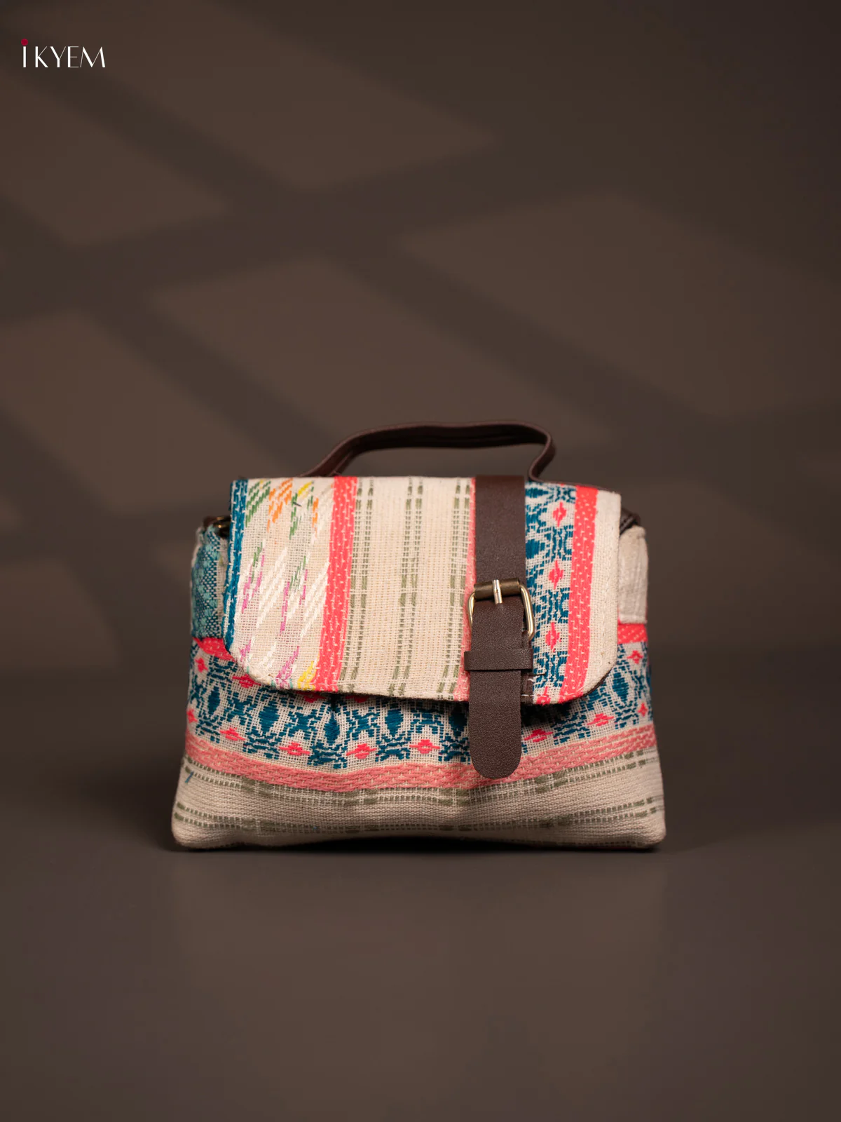 Jacquard Flap Embroidery Leather Sling Bag with 2 Compartments - Multi Colour - KD26792