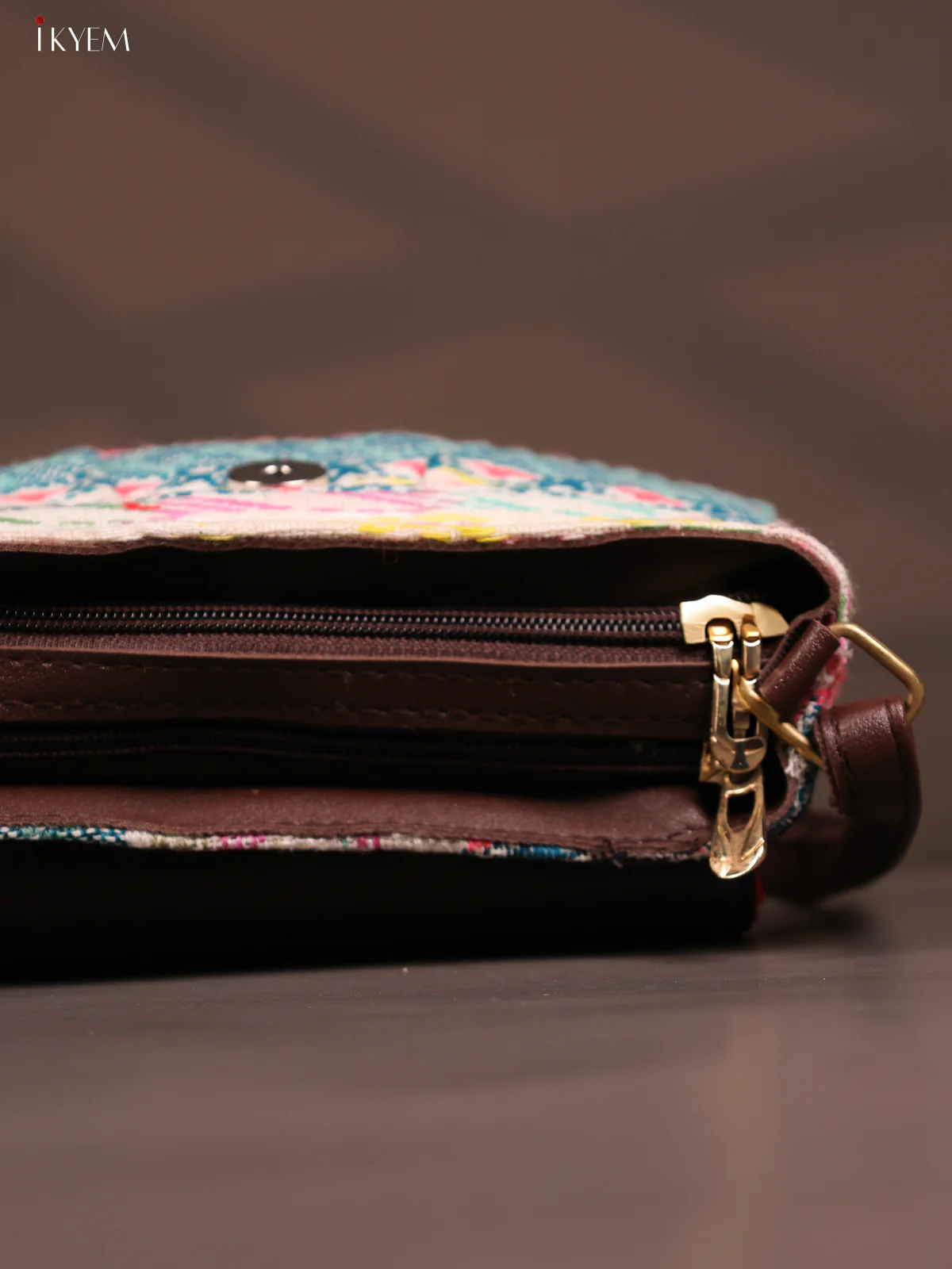 Jacquard Flap Embroidery Leather Sling Bag with 2 Compartments - Multi Colour - KD26793 - Image 5