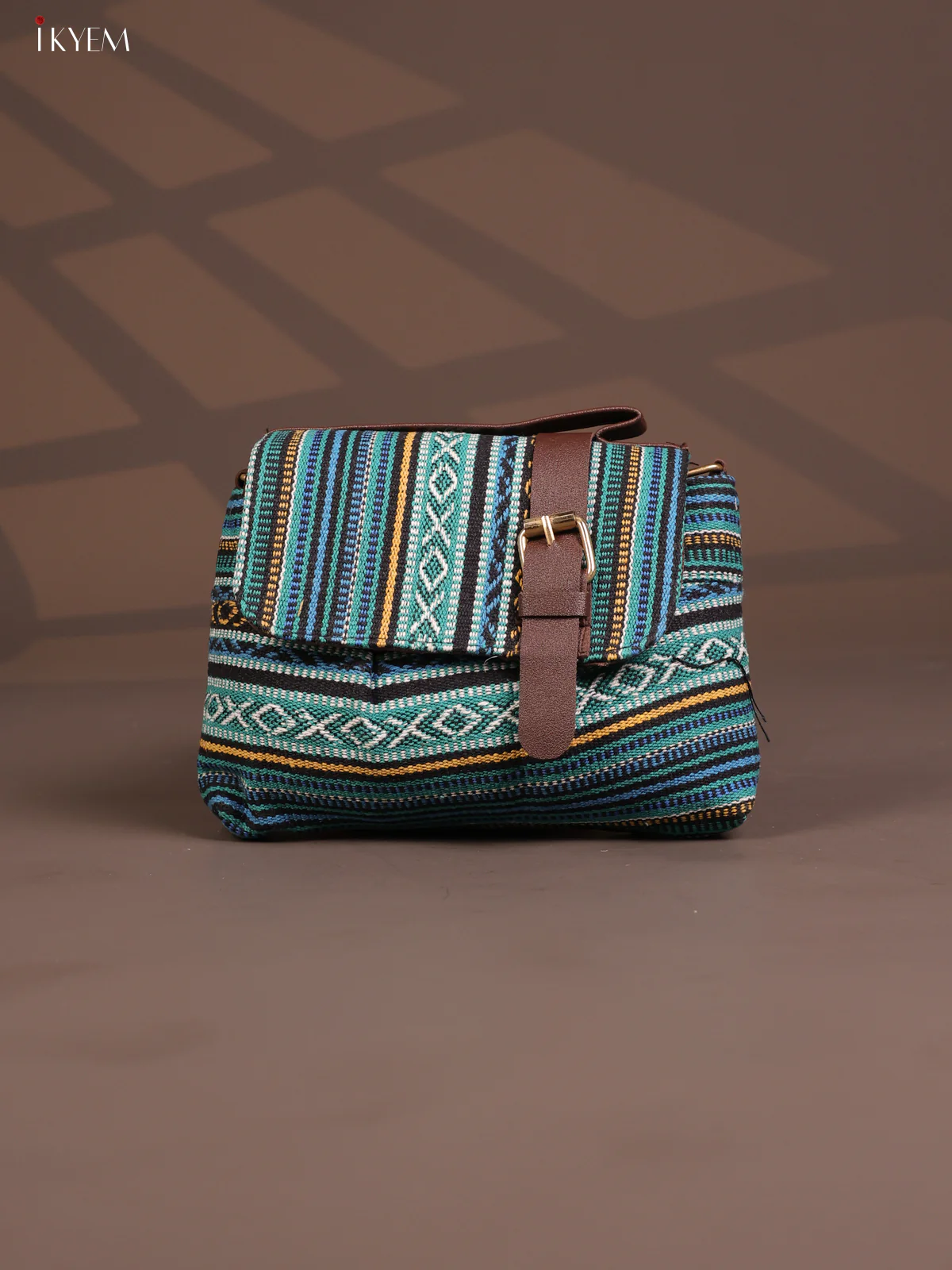 Jacquard Flap Embroidery Leather Sling Bag with 2 Compartments - Blue - KD26794
