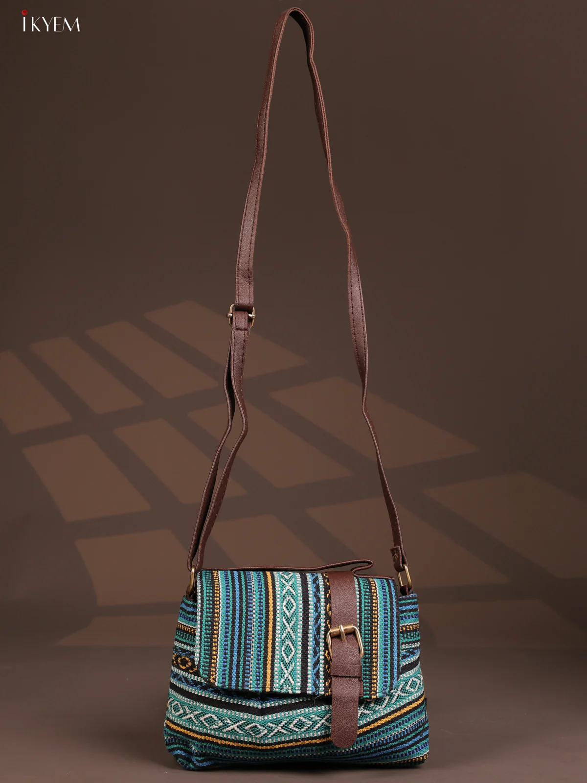 Jacquard Flap Embroidery Leather Sling Bag with 2 Compartments - Blue - KD26794 - Image 4
