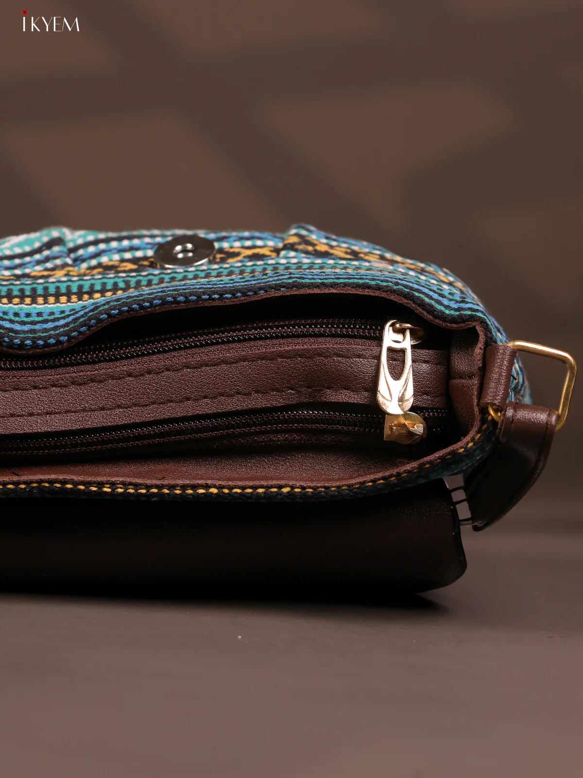 Jacquard Flap Embroidery Leather Sling Bag with 2 Compartments - Blue - KD26794 - Image 5