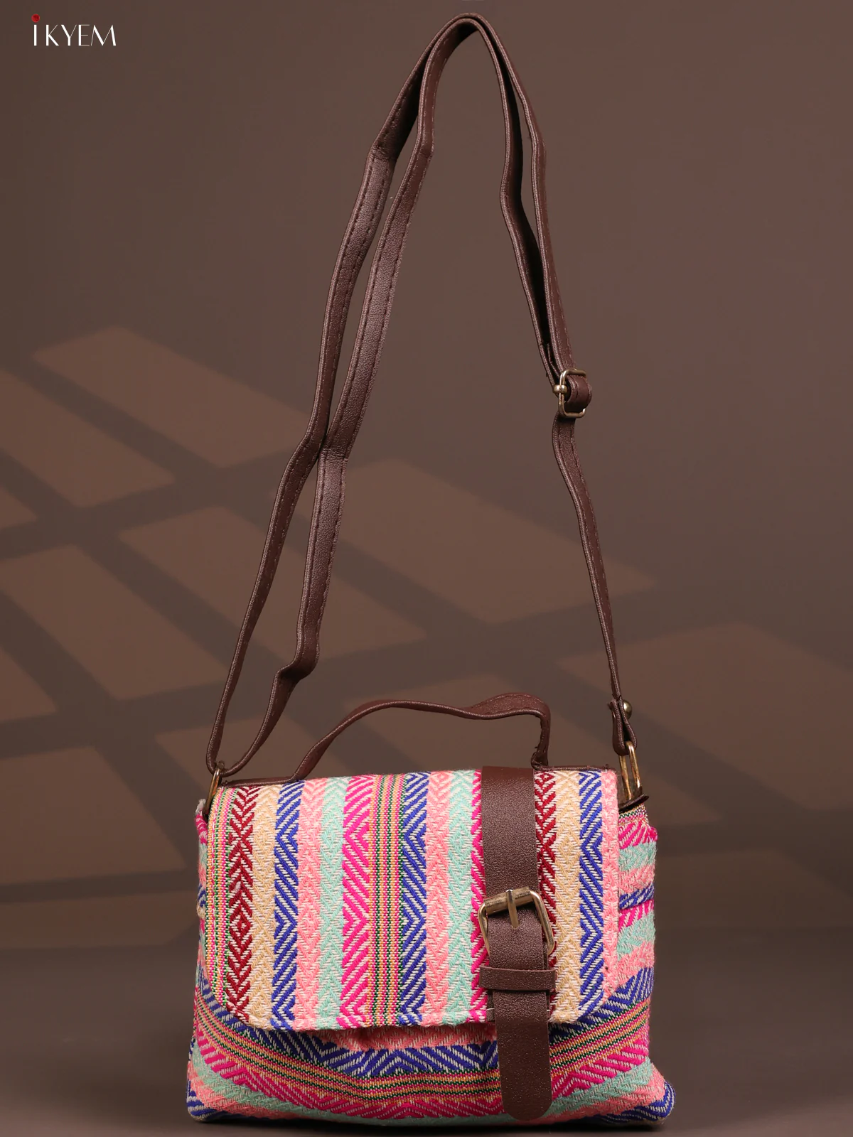 Jacquard Flap Embroidery Leather Sling Bag with 2 Compartments - Multicolour - KD26796 - Image 4