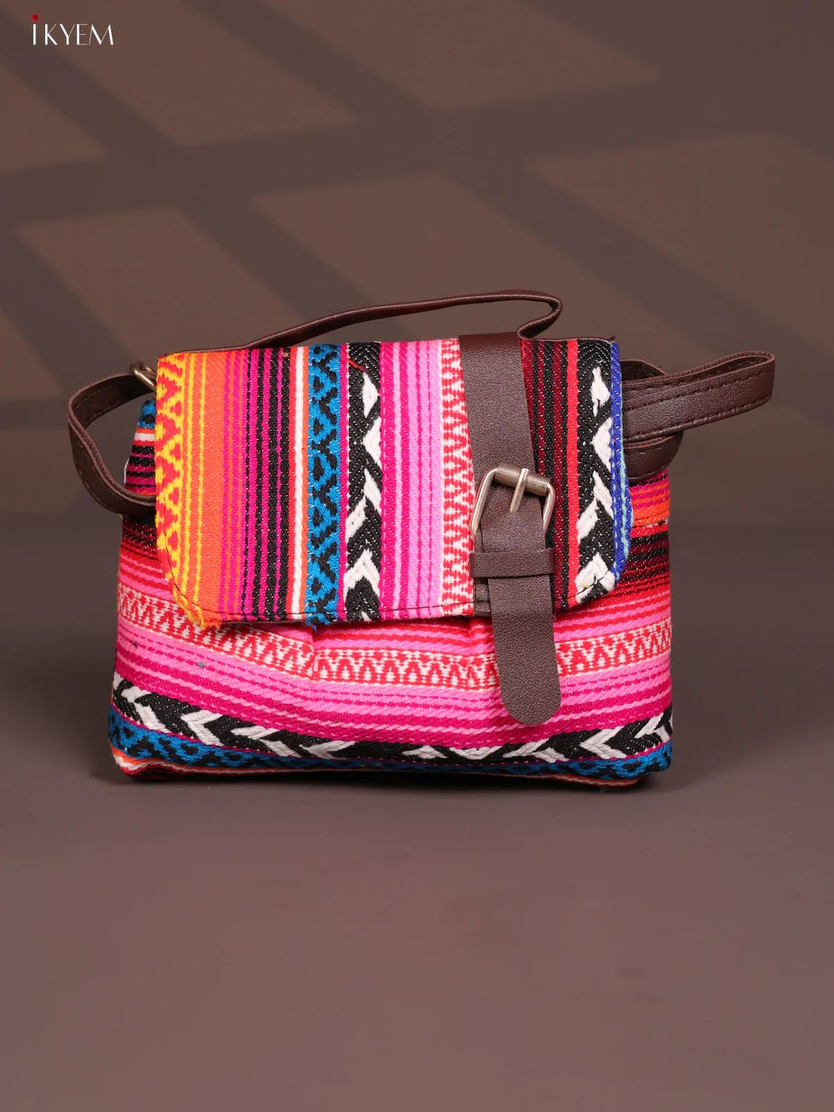 Jacquard Flap Embroidery Leather Sling Bag with 2 Compartments -Multi colour - KD26797