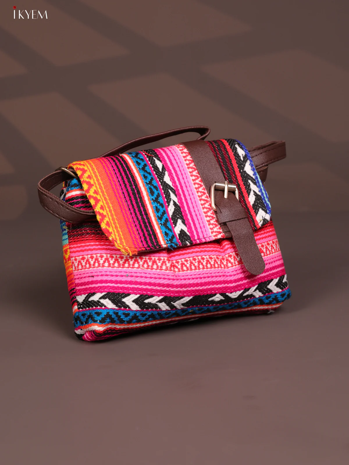 Jacquard Flap Embroidery Leather Sling Bag with 2 Compartments -Multi colour - KD26797 - Image 2