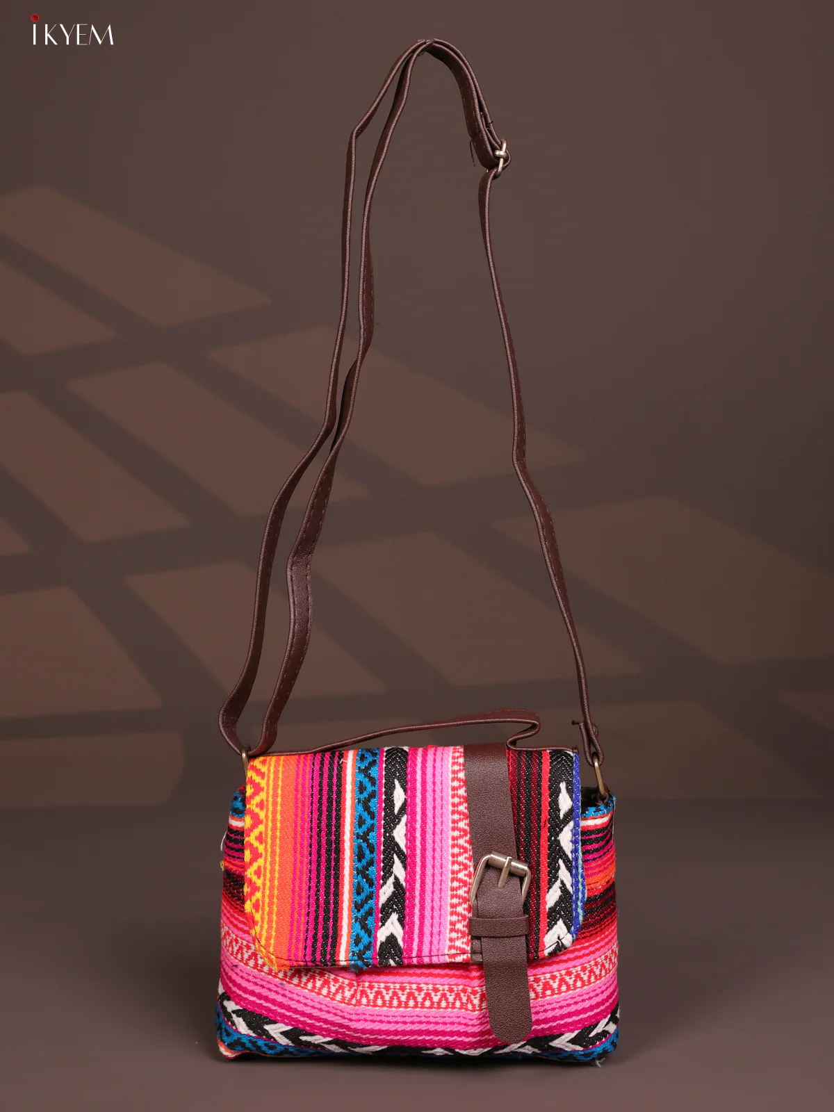 Jacquard Flap Embroidery Leather Sling Bag with 2 Compartments -Multi colour - KD26797 - Image 4