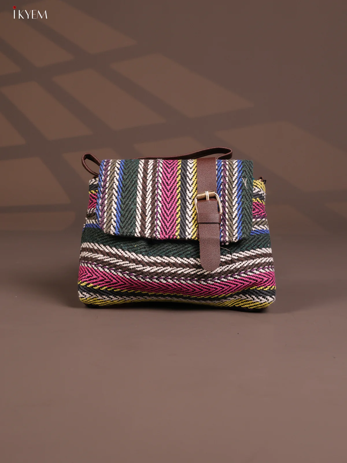 Jacquard Flap Embroidery Leather Sling Bag with 2 Compartments - Multi Colour - KD26798