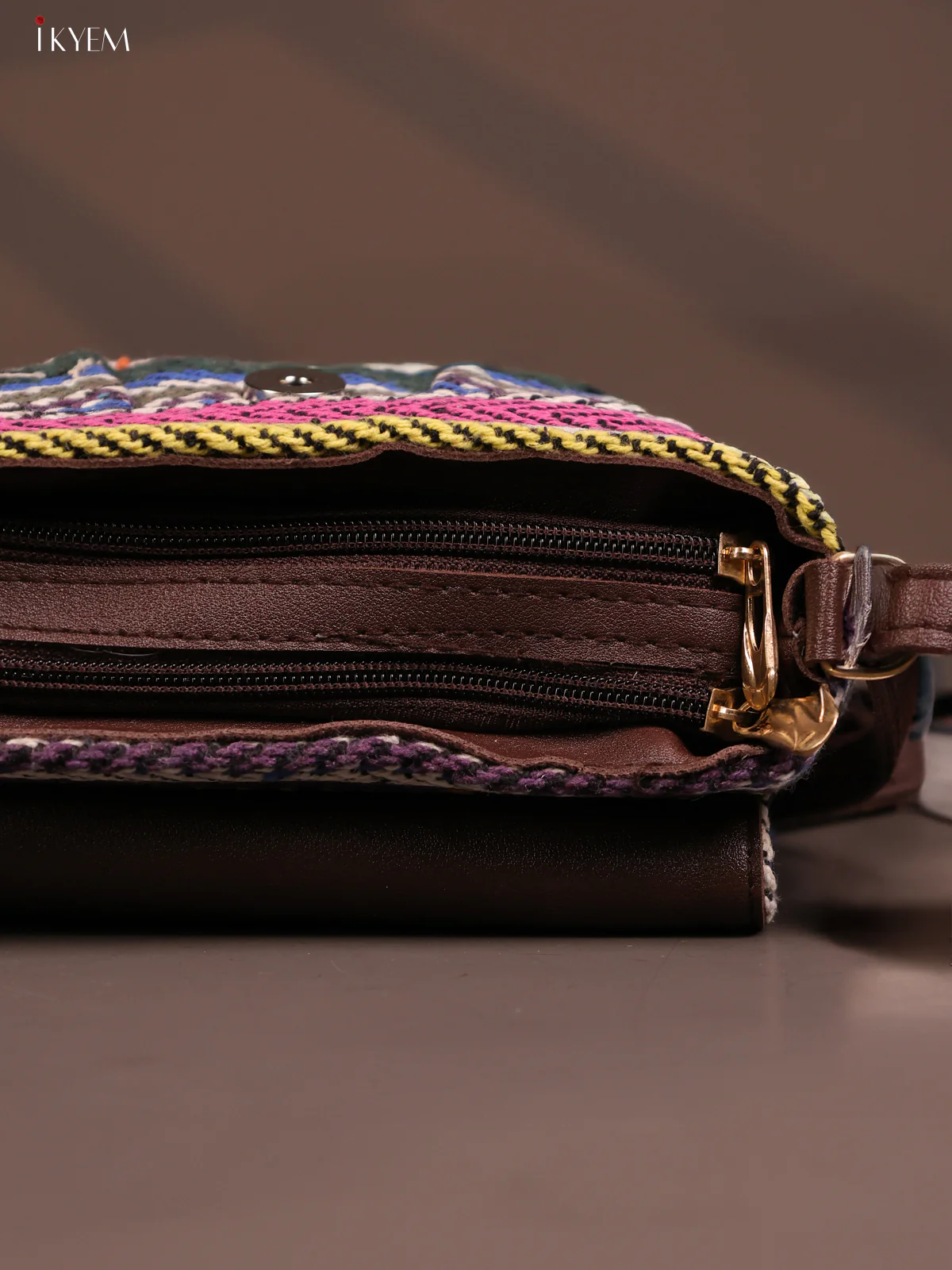 Jacquard Flap Embroidery Leather Sling Bag with 2 Compartments - Multi Colour - KD26798 - Image 5