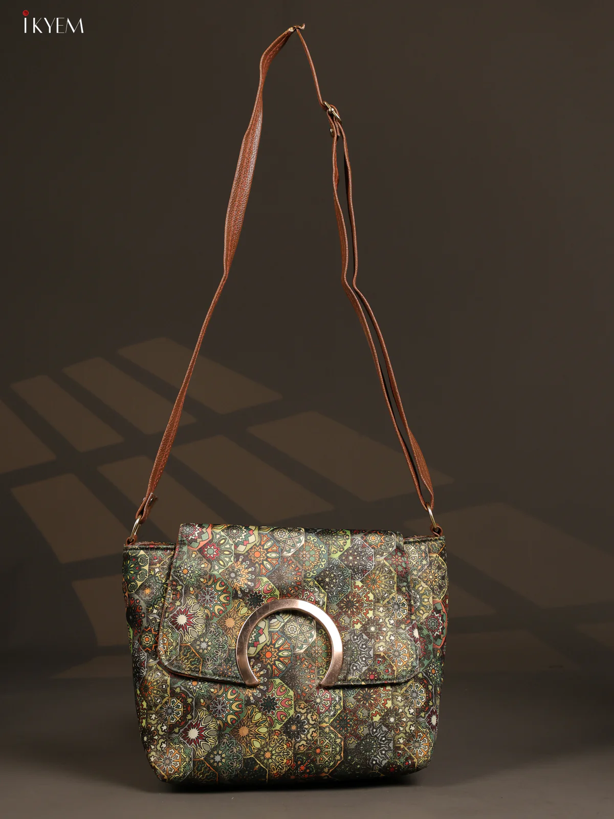 Ajrakh Flap Leather sling bag with 3 compartments - Green - KD26801 - Image 4
