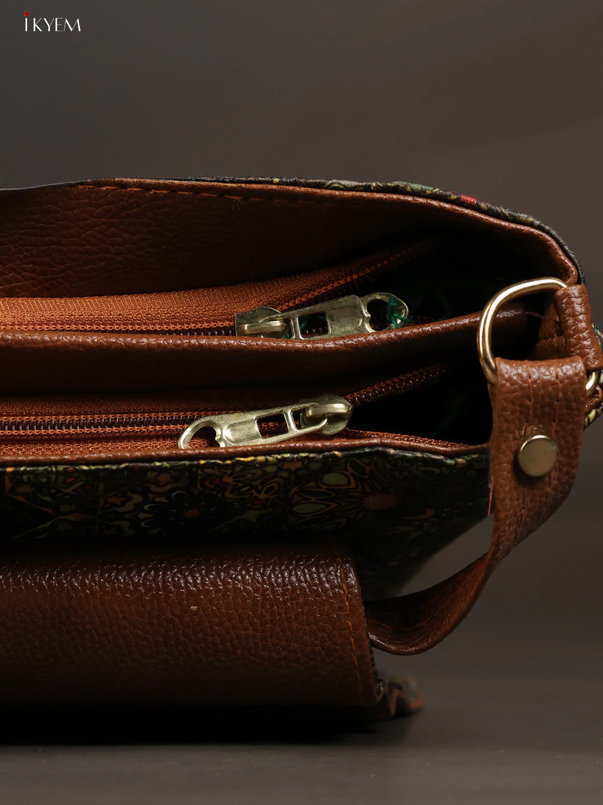 Ajrakh Flap Leather sling bag with 3 compartments - Green - KD26801 - Image 5