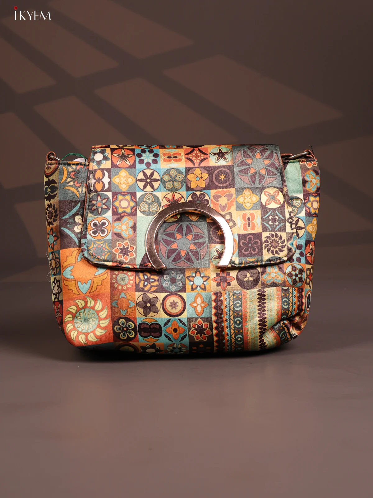 Mandala Art Flap Leather sling bag with 3 compartments - Multicolour - KD26802