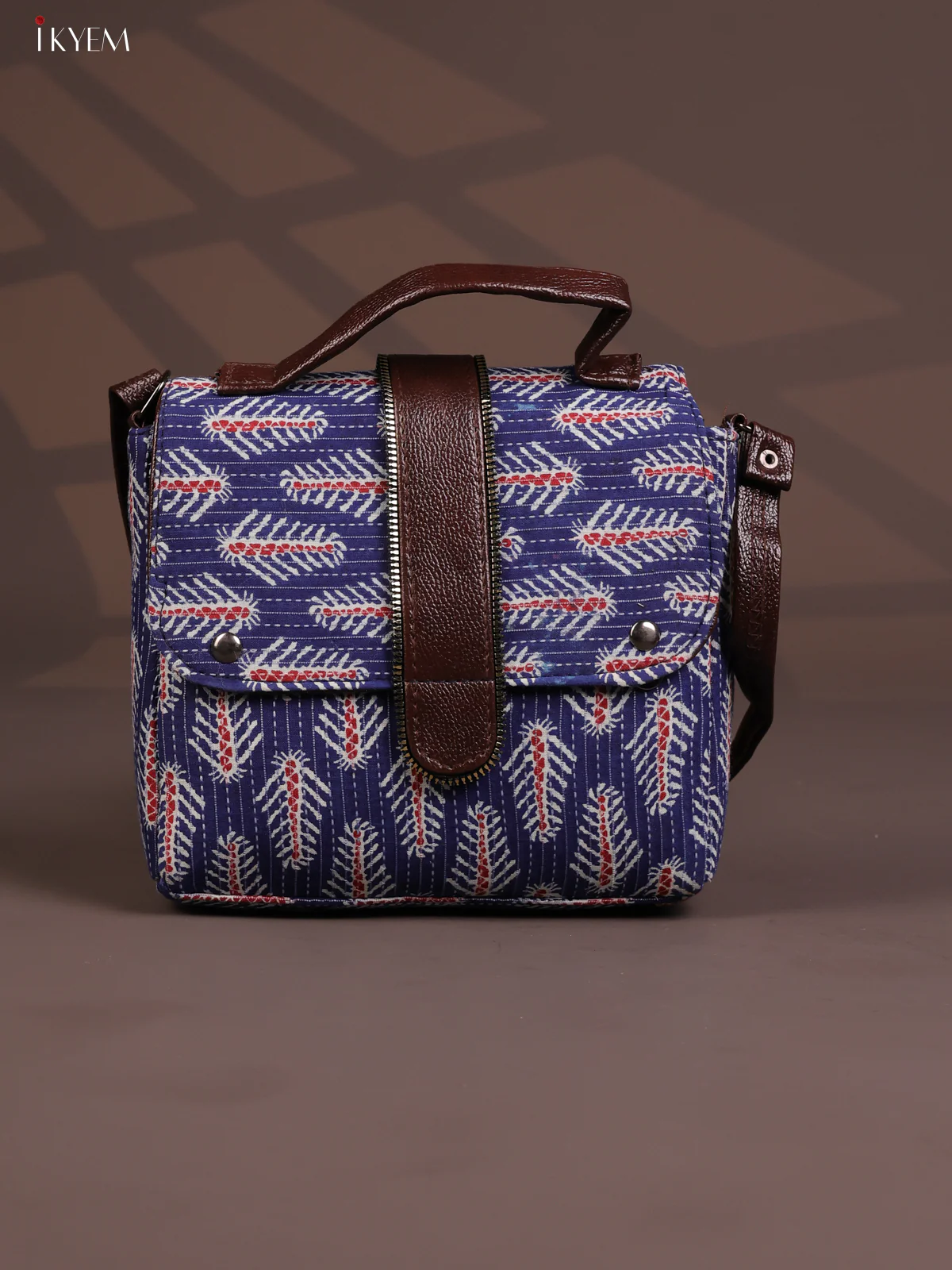 Ikat Leather Sling Bag with 3 Compartments - Indigo Blue - KD26805
