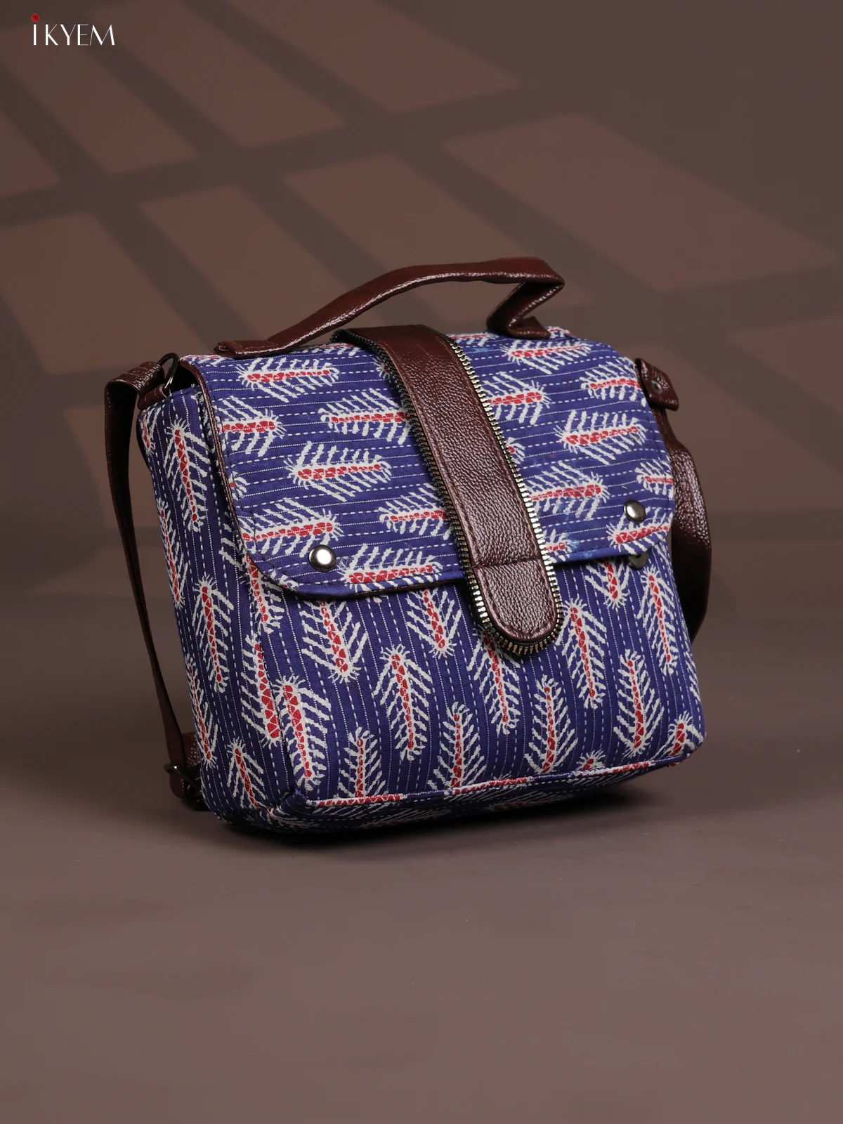Ikat Leather Sling Bag with 3 Compartments - Indigo Blue - KD26805 - Image 2